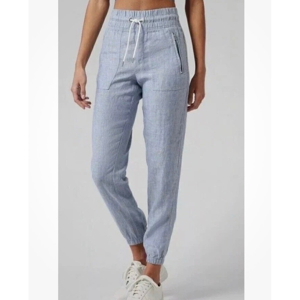 Athleta Cabo Linen Jogger Women 6 Blue Elastic Waist Coastal Vacation Resort